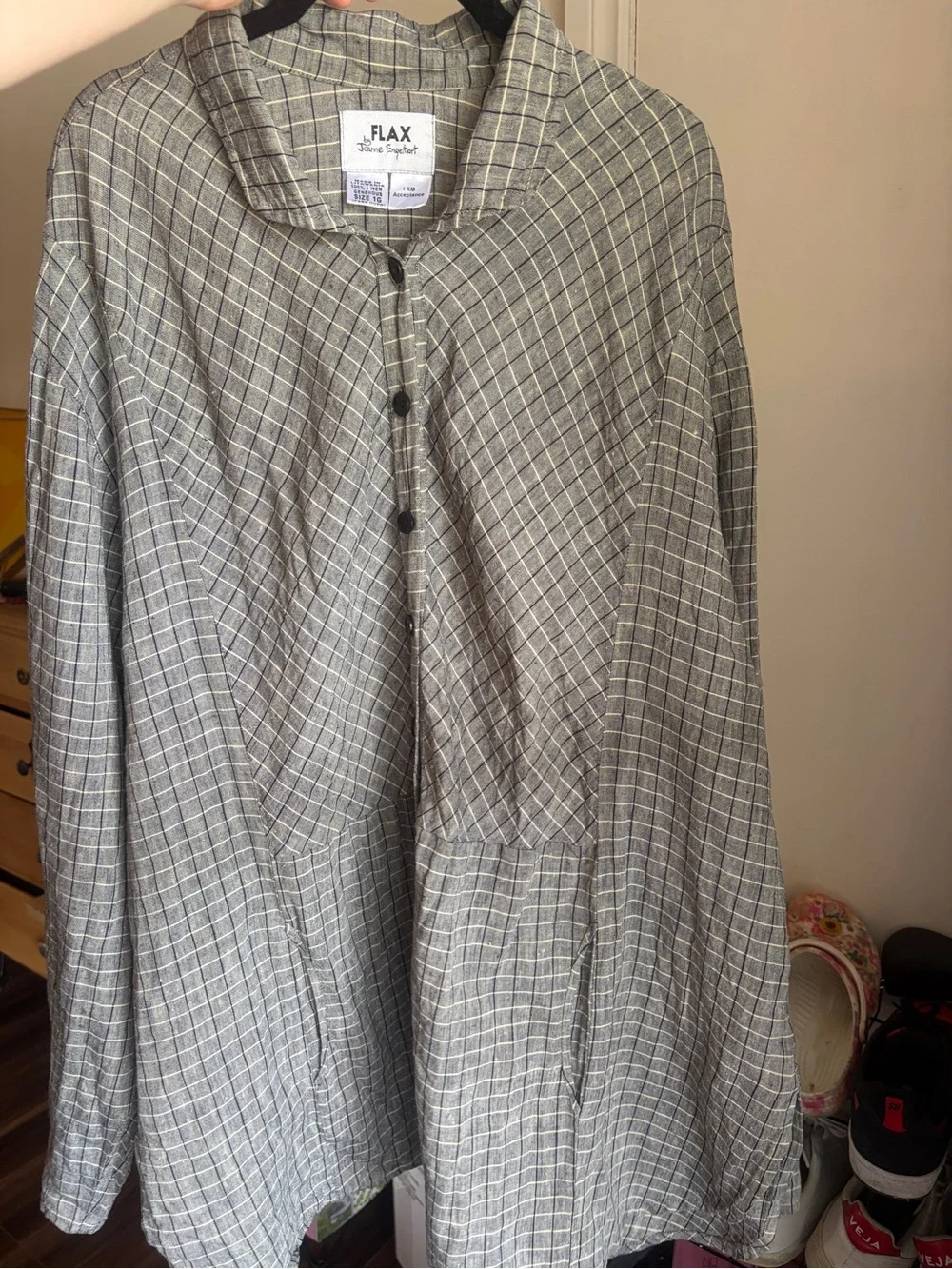 Flax Windowpane Linen Shirt Dress in Gray, black and Cream plaid - Picture 10 of 17